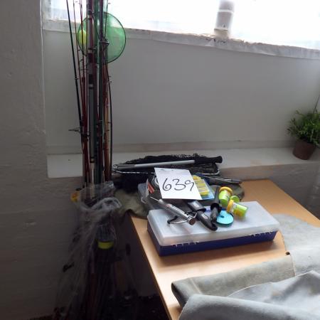 Fishing rods with reels + assorted fishing tackle