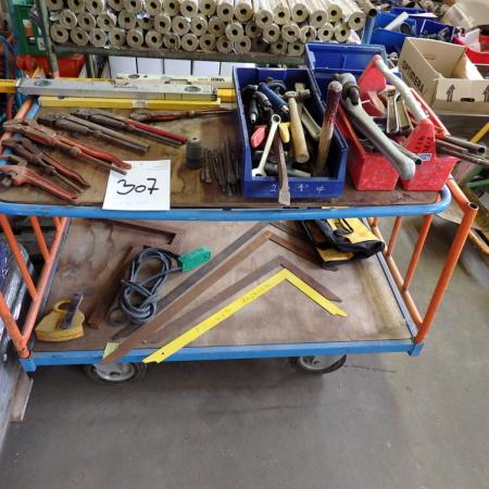 Trolley with tools, angles, spirit level, etc.