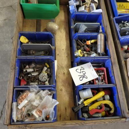 Pallet with drill pipe cutter, valves etc.