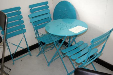 2 Turquoise metal cafesæt. Table + 2 chairs diameter: 60 cm H: 72 cm