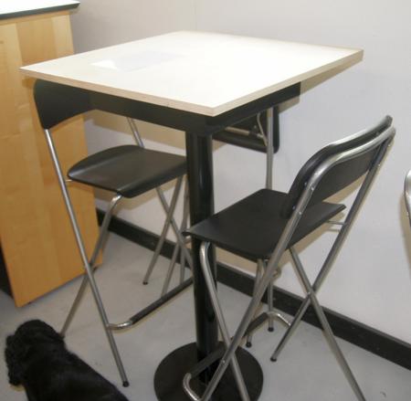 Cafe Table. Untreated wooden board (65 x 65 cm) and metal legs h: 115 cm. + 3 pcs Ikea stools with wooden seat and back.