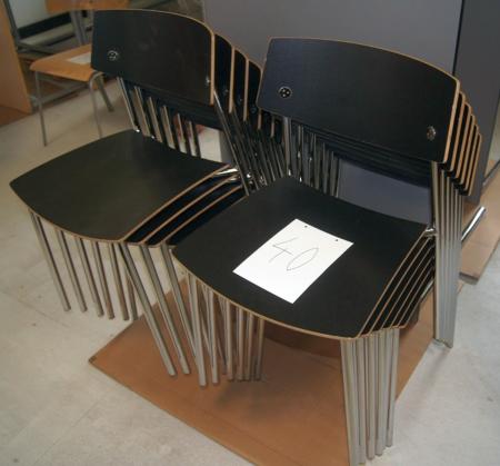 12 pcs. canteen chairs in wood and steel legs. Brand: Radius 2006. (Good condition). + 2 pcs. canteen tables L: 180 cm W: 80 cm. with charcoal gray top and steel legs (good condition).