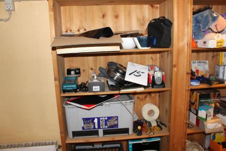 Wooden bookcase containing various lighters + power supplies + toolkit