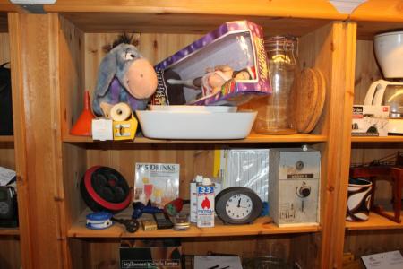 wooden bookcase containing various dishes + lighter + cable reel, etc.
