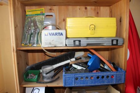 Wooden bookcase containing various hole saw + Tools + screws, etc.