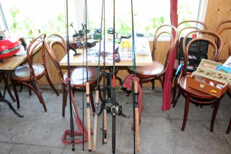 Fishing rods + Wheels + assorted fishing tackle, etc.