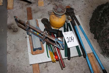 pallet with bolt cutters + miscellaneous hand tools, etc.