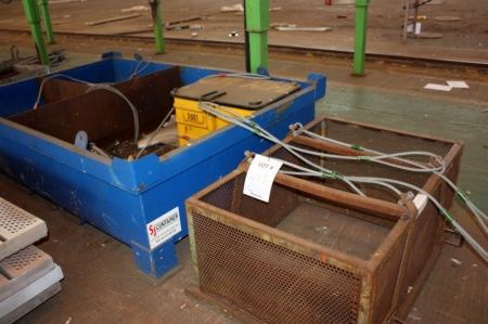 Various items on floor (crane basket with wires, metal boxes, wire feeders, scrap iron, footbridge for scaffolding and more