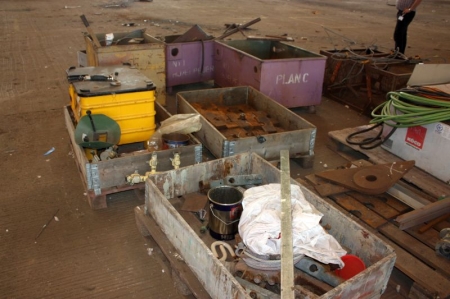 Various items in pallets on floor: mostly scrap iron