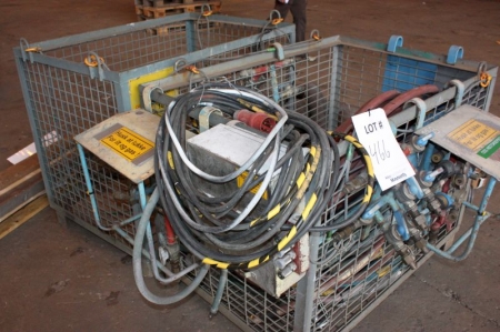 (2) wire baskets with various power cables and other cables, (4) oxygen and acetylene distribution panels with 4 outlets  with manometer + air distribution panel + exhaust hoses + air distribution tube and more