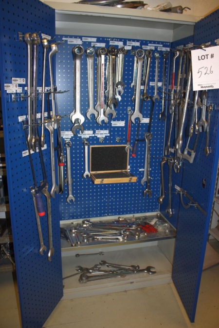 Steel tool cabinet with various hand tools