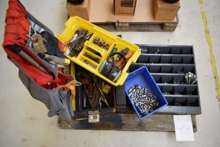 Miscellaneous tools, nuts + box with. Content + fall protection equipment