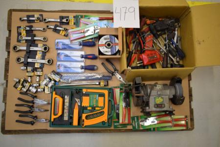 Various tools, tops, bench grinder, ratchets, etc.