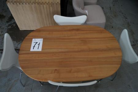 Oval dining table, untreated, with chromben, L 140 x B 90 cm + 4 chairs, off-white leather, chrome legs