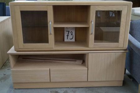 Sideboard w. Shelf, 1 drawer and 1 cupboard, L 153 x 42 cm + vitrine m. 2 closets m. Glass shelf and door, L 142 x 35 cm. eg