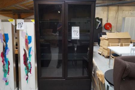Dark brown cabinet w 2 drawers, 3 glass shelves and 2 glass doors