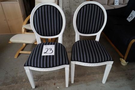 2 stk. Hvide stole m. sort/grå stribet stof og rund ryg