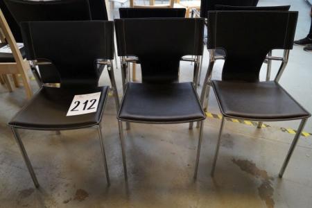 3 stk. stole, sort læder med hvide syninger, stel chrom