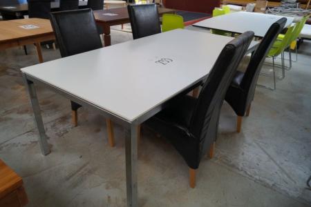 Spisebord, hvid MDF plade. L 200 x B 100, ben chrom + 4 stk. stole, sort skind, høj ryg
