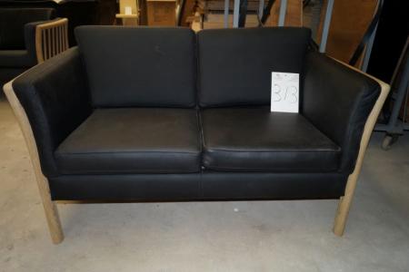 2 pers. Sofa, black leather, oak frame