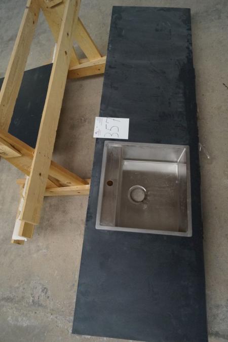 Kitchen table m. Steel sink, Kuma, black granite slab L 221 x 61 cm + plate 72 x 62 cm