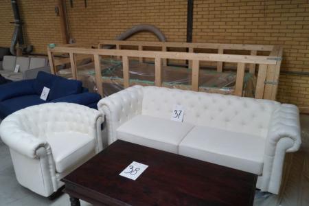 Chesterfield leather sofa, pearl white. Shield on one armrest + Chesterfield chair, pearl white