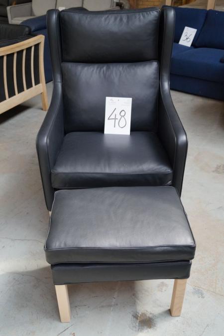 Armchair m. Footstool, black leather, frame beech