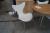 Ovalt spisebord, ubehandlet, med chromben, L 140 x B 90 cm + 4 stole, råhvid læder, chrom ben