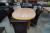 Oval dining table, oak veneer, L 180 x W 115 cm + 6 pcs. chairs, brown leather, high back