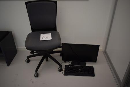 Skrivebordsstol model EFG, gråt stof og med brugsslidtage. Brugt Samsung EDBskærm ser.nr.B2CYH9XB500266M + tastatur.