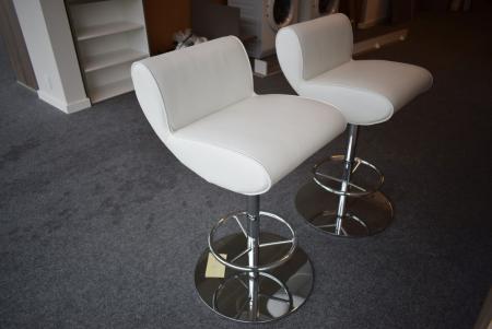 2 pieces custom made exclusive bar stools with chrome and adjustable frame. Seats in white leather. Includes optional high cylinder to the chairs. Retail sales 16500 kr.