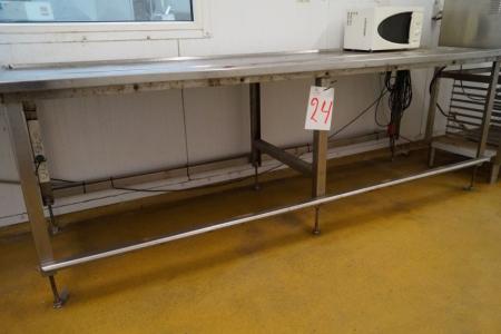 Stainless steel workbench, L 283 x W 92 x H 94 cm. Thickness 2 mm on adjustable feet
