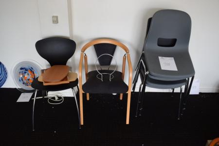 5 chairs in plastic, one with shell-like design and one of wood.