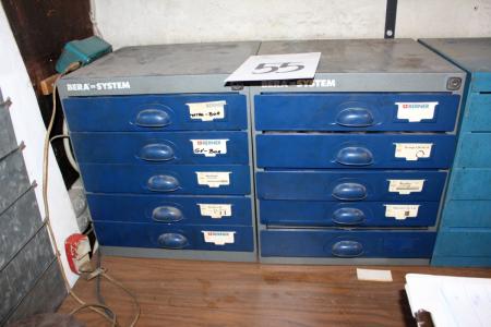 2 pcs. Berner Range Drawers containing div. O-rings + metal drill + screws + drill, etc. + 1. assortment rack without content