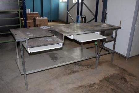 Edelstahl Tisch 210 x 70 cm mit Gleitregalen und Einbauwursthersteller FKI (Wurst Furunkel nicht bewiesen)