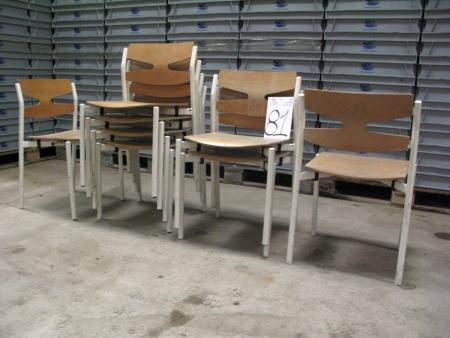 Stacking chairs 8 pcs. White metal frames and molded beech seats.
