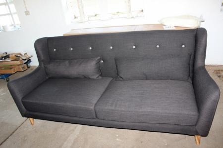 High back retro sofa in durable coke gray fabric. 2 lumbar cushions included