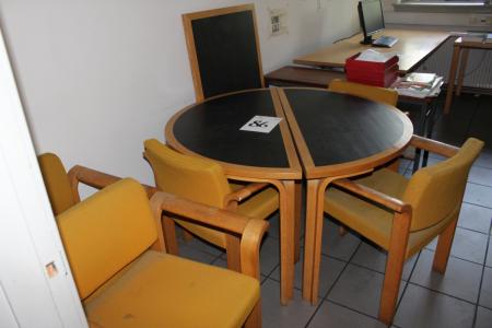 Round table, Magnus Olesen plus plate incl. 5 chairs with yellow fabric (some holes)
