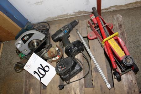 Winkelschleifer + aku skkruemaskine (defekte Batterie) + jack + Kreissäge