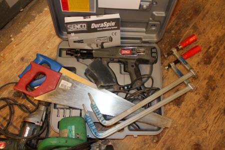 Senco Duraspin screwdriver, Hitachi circular saw, drill, 2 pcs. clamps.