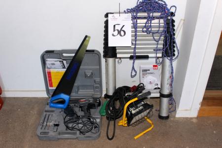 Screwdriver, ladder, extension cords, work lights