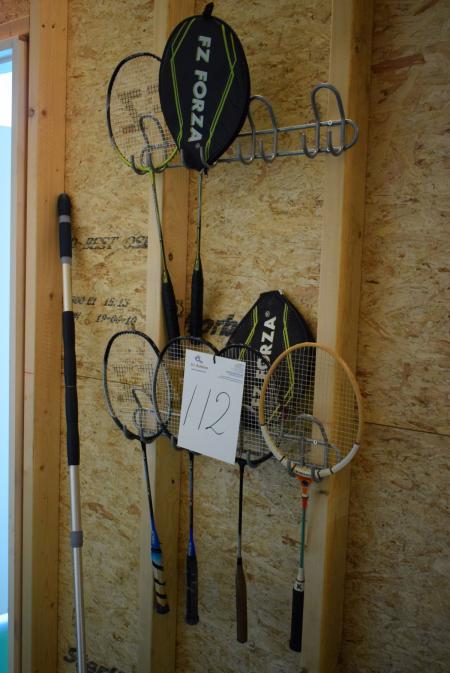 6 badminton rackets, different brands, forza and Kawasaki.