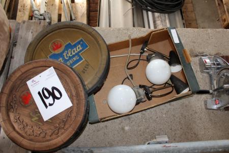 Beer signs in plastic + box with lamps + bread cutting machine