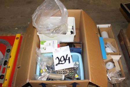 1 Box with various plumbing accessories and 1 heater and 1 shower curtains