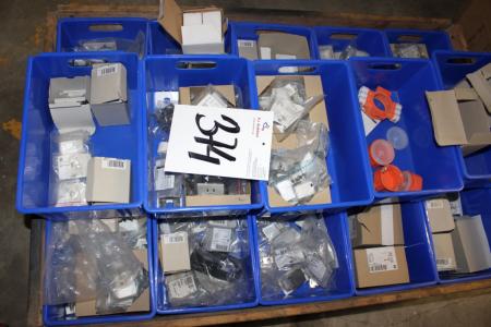 Pallet with various electrical equipment contacts and frames etc.