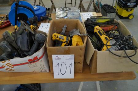 Miscellaneous power tools + batteries. Stand unknown