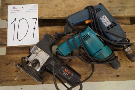 2 pcs. drills, able ok, 1 Jigsaw - condition unknown