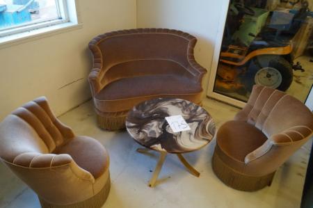 Sofa, med 2 stole, brun velour + rundt marmorbord ø75 mm