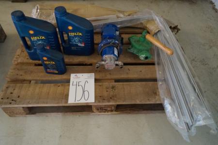 Pallet with various engine oil pumps + corner rods for shower curtain