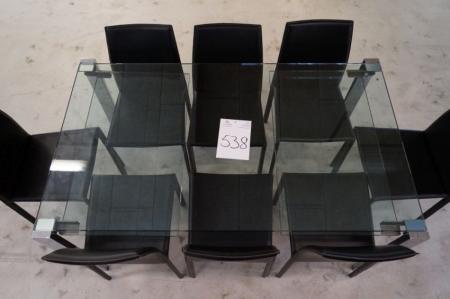Spisebord, Italiensk design, mrk. Tonelli, glas med udtræk, stel af chrom, L 160 x B 60 cm, hver tillægsplade måler 50 cm/stk. + 8 stk. stole m. sort skind m. syninger.